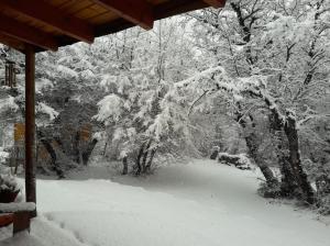 un patio cubierto de nieve con una casa y árboles en Cabañas Wirkaleufu, en Cerro Negro 2 fotos más