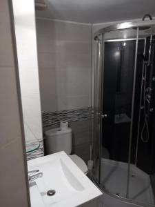 a bathroom with a shower and a sink and a toilet at Apartamento cerca del Mar in Empuriabrava