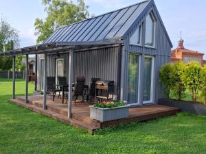 a house with a deck in the grass at Austrumi in Kolka