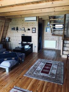 a living room with a couch and a rug at B1 HappyHouse Bungalov Three-Room, SW POOL with lake view, Sapanca B1 in Sapanca