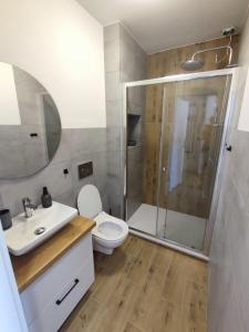 a bathroom with a shower and a toilet and a sink at Plac Pilsudskiego in Opole +7 photos