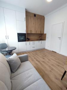 a living room with a couch and a kitchen at Plac Pilsudskiego in Opole