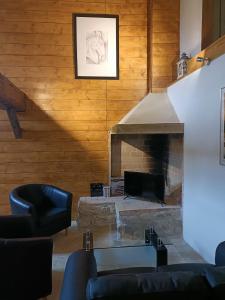 a living room with a fireplace and a table and chairs at LE GRAND CASTILLON - Gîte pêche avec 2 étangs privés, foret et Jacuzzi en option in Castelnau-dʼAuzan