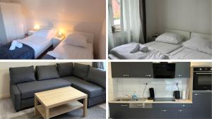 trois photos d'une chambre d'hôtel avec un canapé et un lit dans l'établissement Stay Nest Komfort Ferien- und Monteurwohnungen Küche-Garten, à Liesborn 6 autres photos