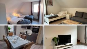 trois photos d'un salon et d'une pièce avec une table dans l'établissement Stay Nest Komfort Ferien- und Monteurwohnungen Küche-Garten, à Liesborn