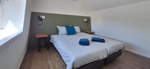 een slaapkamer met een bed met twee blauwe kussens erop bij 103B nieuwe vakantie woning met sauna vanaf juli 2024 in Westkapelle