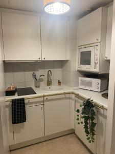 une cuisine avec des armoires blanches, un évier et un micro-ondes dans l'établissement Palais Napoleon Golfe Juan, à Vallauris