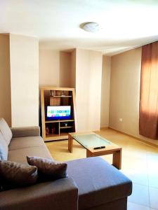 a living room with a couch and a tv at Dahlila's Home in Pogradec