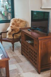 a living room with a tv and a chair and a table at La Kaz Venelle in Saint-Pierre