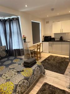 a living room with a couch and a kitchen at Modern studio flat in Romford in Havering atte Bower