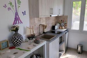 a kitchen with a sink and a counter top at Villa Luna Apartment in Vourliótai