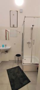 a bathroom with a shower and a sink and a stool at Pension I in Berlin +64 photos