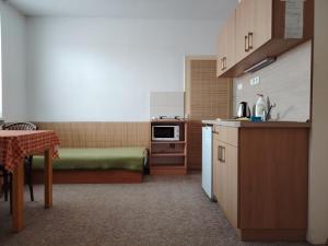 a small kitchen with a table and a microwave at Pacov 501 in Pacov
