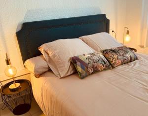 een bed met twee kussens erop bij Calpe by the Sea Edificio Turmalina in Calpe +28 foto's