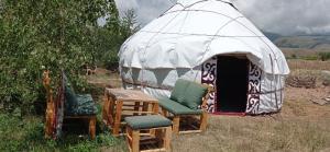 a tent with chairs and a table in a field at Bosteri Camping in Bosteri