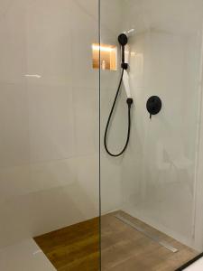 a shower with a glass door with a light on it at Central Prestige Apartment in Budva +7 photos