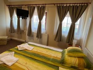 a bedroom with a bed with curtains and a television at Flamingó Szállás in Kiskunmajsa