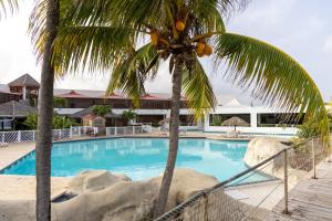 a swimming pool with two palm trees in a resort at Le PARADIS BLEU VUE MER in Saint-François
