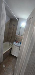 a small bathroom with a sink and a shower at Garsoniera DNI in Petroşani