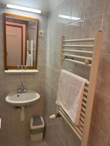 a bathroom with a sink and a mirror at Flamingó Szállás in Kiskunmajsa +26 photos