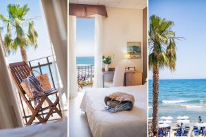 a room with a bed and a view of the ocean at Hotel Tina in Diano Marina