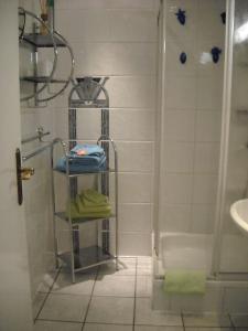a bathroom with a shower and a towel rack next to a tub at Sahneschnittchen in Hage +13 photos