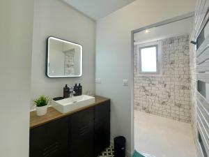 a bathroom with a sink and a mirror and a shower at L'Envers du Temps - SOnights in Dourdan