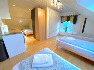 a large room with two beds and a kitchen at V Apartment 4 Personen - Monteurzimmer - Ferienwohnung - Kronwieden in Loiching +2 photos
