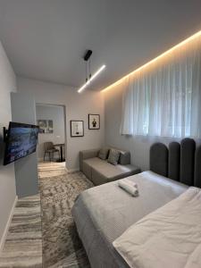 Un dormitorio con una cama, un sofá y un televisor. en Cloud Cane Apartment, en Tirana 21 fotos más