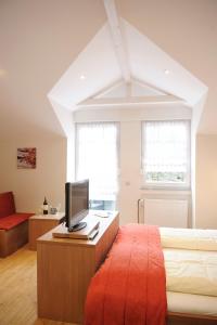 a bedroom with a bed and a tv on a desk at Weingut und Gästehaus Josef Reis in Mehring