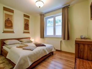 sypialnia z dużym łóżkiem i oknem w obiekcie Apartament NavyBlue z widokiem na góry w Szklarskiej Porębie