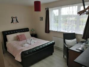 a bedroom with a black leather bed and a desk at Puffin rooms in Lisdoonvarna