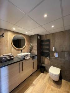 a bathroom with a toilet and a sink and a mirror at Hôtel Le Maritime in Argelès-sur-Mer
