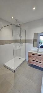 a bathroom with a shower and a sink at Villa des Moulins in Gabian +10 photos