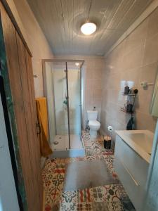 a bathroom with a shower and a toilet and a sink at Como EM Casa in Alburitel