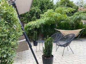 a hammock and chairs on a patio with plants at Kera Rooms in Telavi