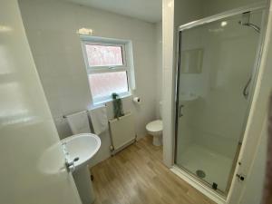 a bathroom with a shower and a toilet and a sink at Farina Holiday apartments in Bridlington +71 photos