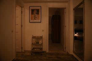 a hallway with a mirror and a picture on the wall at Arin l Aparthotel #1 in Craiova