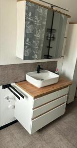 a bathroom vanity with a sink and a mirror at Henneberger Hof in Münnerstadt