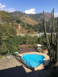 ein großer blauer Swimmingpool neben einem Kaktus in der Unterkunft Varanda Itaipava! in Petrópolis
