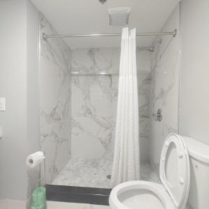 a white bathroom with a shower with a toilet at Mountain Vista Inn & Suites - Parkway in Pigeon Forge
