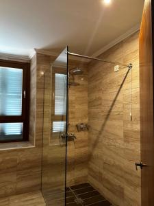 a bathroom with a shower with a glass door at Leeon seaside in Myrina