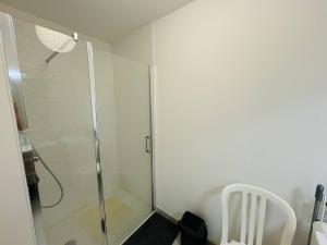 une douche avec une porte vitrée dans une salle de bain dans l'établissement 3 pièces 68m², jardin clos, 150m plage, wifi, à Saint-Pierre-Quiberon 18 autres photos