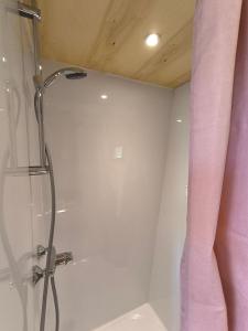 a bathroom with a shower with a shower curtain at Moose Home Tiny house Genêts in Cros +31 photos
