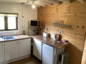 a kitchen with a sink and a counter top at Vigo Retreat cabin 3 in Sevenoaks