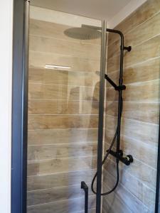 une porte de douche en verre avec un mur en bois dans l'établissement Udée belle vue, à Gan