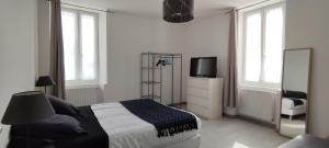 a bedroom with a bed and a tv and windows at Maison Hestia 70m2 5 personnes, pleine campagne proximité d'Orthez in Castétis