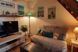 Una sala de estar con un sofá y un televisor de pantalla plana. en La Bergerie d'Annie, en Véretz