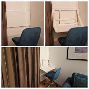 three pictures of a room with a chair and curtains at Paris La Defense - Modern Apartment with Jacuzzi in Courbevoie +22 photos