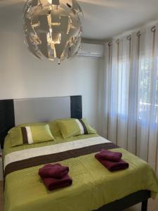 een slaapkamer met een bed met groene lakens en een kroonluchter bij la plage in Six-Fours-les-Plages